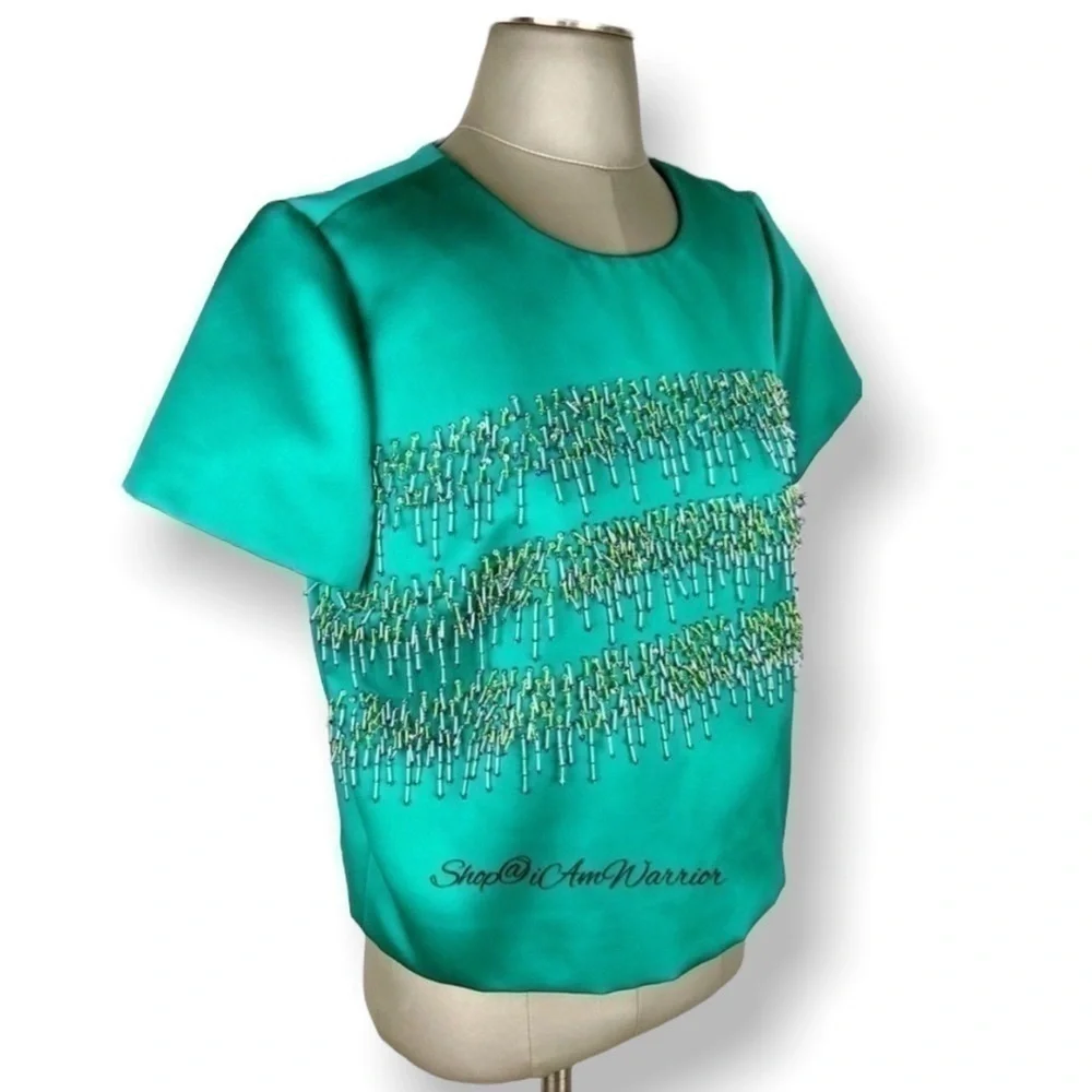 J.Crew Collection NWT Beaded Satin Top Teal Emerald Green Crystal Embellished